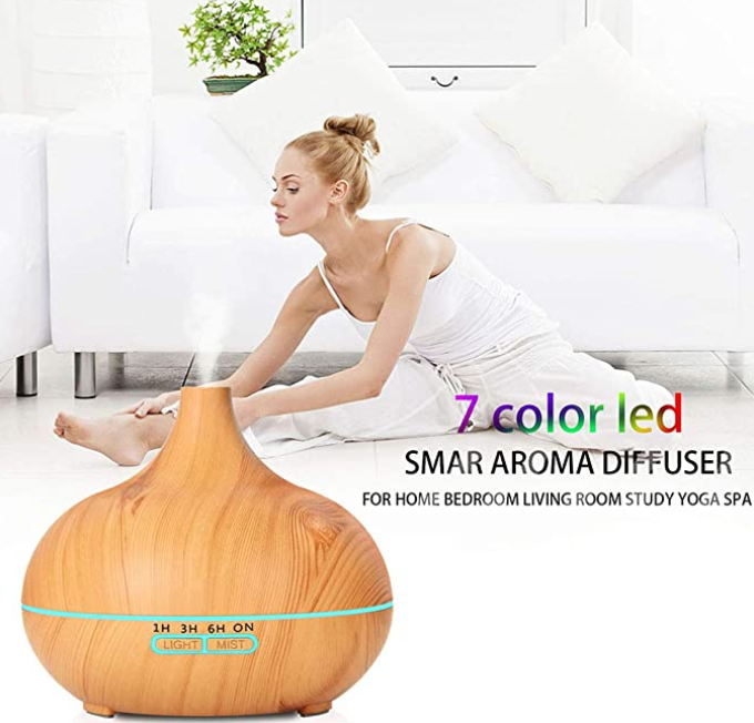 New 550ml Wood Essential Oil Diffuser Ultrasonic USB Air Humidifier with 7 Color LED Lights Remote Control Office Home Diffuser for Office, Home, Bedroom, Living Room, Study, Yoga, Spa; White Wood Grain with Multiple Lighting Options