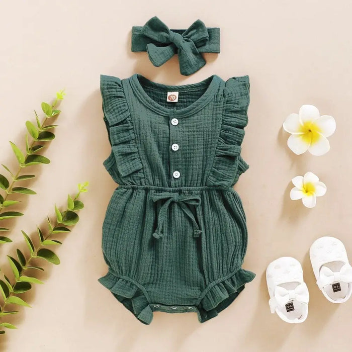 2Pc Summer Newborn Baby Girls Romper Headband Ruffles Sleeveless Clothes - Ruffle Romper Baby girl clothes - ALLURELATION - Baby clotes, Baby clotes set, Baby jumpsuit, Baby rompers, Baby set, Re, Remsha - Stevvex.com