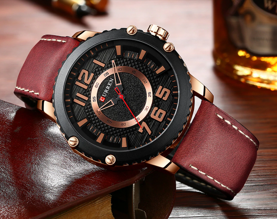 Men's Waterproof  Sport Watch With Leather  Belts  And Large Numbers Details Unique Design Perfect Gift