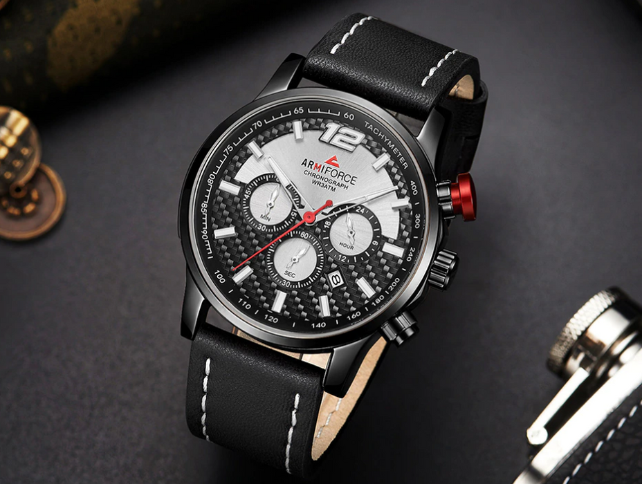 Mens Waterproof Sport Watch With Chronometers Day View And Cross-Matte Background Modern Man Watch