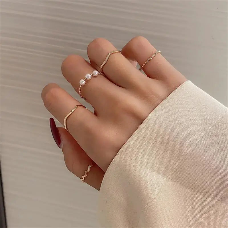 5pc Simple Fashion Pearl Zircon Metal Multilayer Ring - 2021 Ring Jewelry Trend for Party Engagement Birthday Wedding Gift for Women - ALLURELATION - 2021 trends, 571, aesthetic jewelry, aesthetic rings, Birthday gifts, Christmas gifts, earings, engagement rings, Fashion Jewelry, fashion rings, Fashion wedding rings, Gift for girlfriends, Jewelry, Jewelry for women, rings, trending jewelry, trending rings, trends 2021, Valentine's day gift, women jewelry, womens jewelry - Stevvex.com