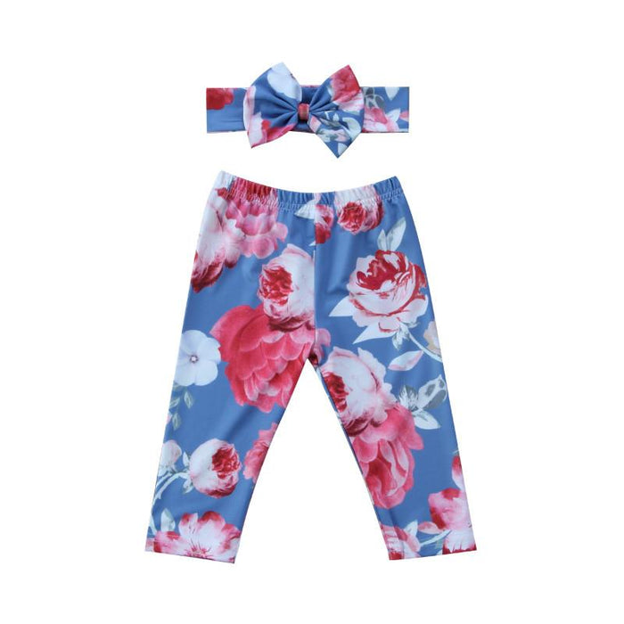 Luxury Modern Girls Summer Floral Baby Girls Pant with Headband Newborn Kid Girls Floral Bottoms Long Pants Trousers  In Flower Design  For Girls With Bow