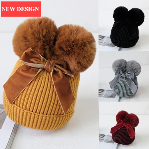 Baby Double Pompom Knitted Hat For Baby Girl Warm Thicker Children Infant Beanie Cap In elegant Winter Modern Deisgn With Big Bow