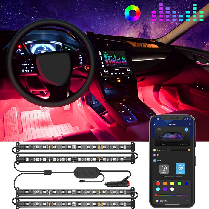 Interior Car Lights LED Car Strip Lights with Two-Line Waterproof Design RGB LED Strip Light With USB Wireless Remote Music Control Multiple Modes and Music Sync Under Dash Car Lighting with Car Charger, DC 12V