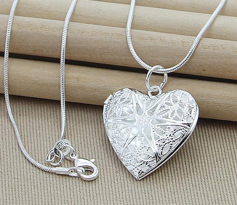 925 Sterling Silver Photo Frame Pendant Heart Necklace 18 Inch Snake Chain Woman Charm Statement Necklace In Fashion Jewelry Design