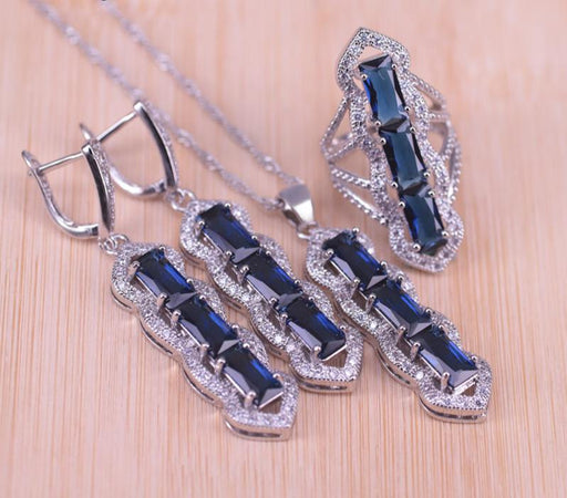 Luxury Popular Original Russian Style Blue Cubic Zircon White Crystal Silver Color Jewelry Set Earrings Ring Necklace Set