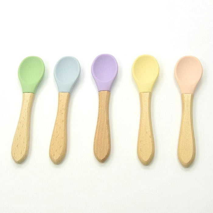 2PCS  Bamboo Training Spoons Organic Soft Baby Feeding Silicone Tip Spoon Scoop Easy Grip Handle Toddlers Infant Gifts For Parents And Baby Boys Or Girls