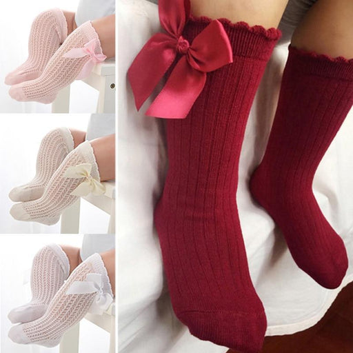 Non-slip Cotton Princess Knee High Long Skin-friendly Socks With Bow Mesh Newborn For Baby Girls