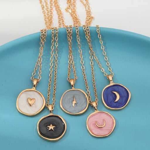 Women Long Simple Stars Moon Heart Round Double Layer Golden Necklace And Earrings Luxury Jewelry Style Cool Gift