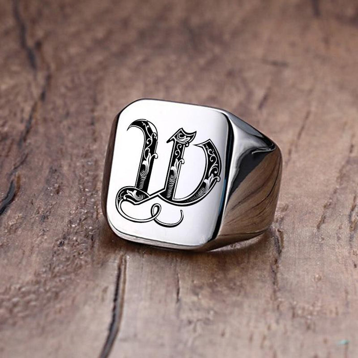 Modern Letter Retro Initials Signet Ring for Men 18mm Bulky Heavy Stamp Male Band Stainless Steel Letters Custom Jewelry Gift for Him