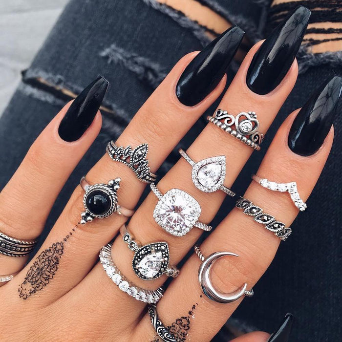 Women Crystal Finger Knuckle Rings Set For Girls Moon Lotus Charm Bohemian Ring Fashion Jewelry Gift