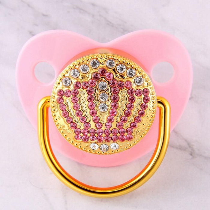 Modern Diamond Luxury Pink Crown Rhinestones Baby Pacifier Lollipop Elegant Infant Baby Shower Gift For Kids