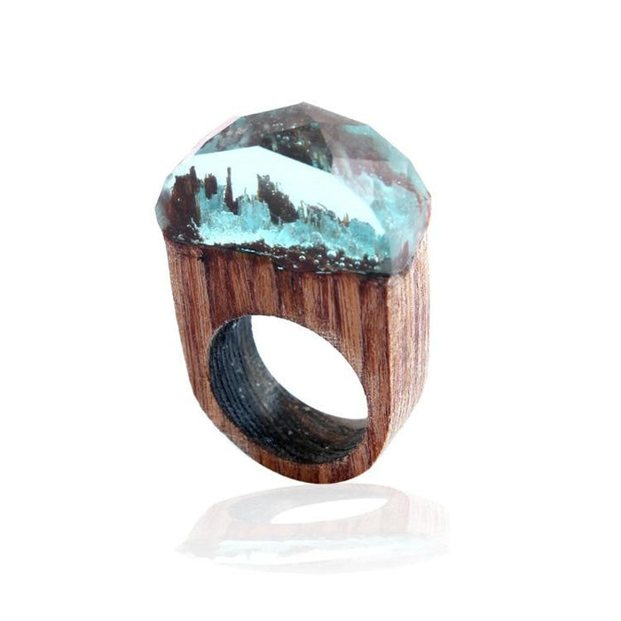 Epic Handmade Luxury Wedding Wood Resin Stone Ring Elegant With Magnificent Fantasy Secret Magic Landscape Wooden for Women and Men