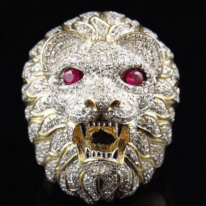 Fashion Golden Lion Head Ring Full Rhinestone Stainless Steel Animal Statement Finger Rings for Men Hip-Hop Punk & Epic Jewelry Design