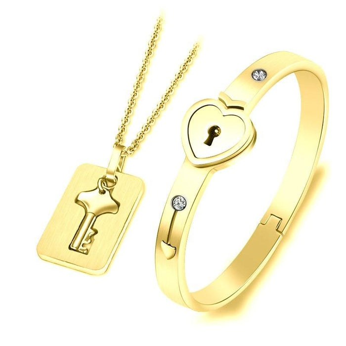 Fashion Concentric Lock Key Titanium Steel Stainless Steel Luxury Jewelry Bracelet and Necklace Couple Sets For Women