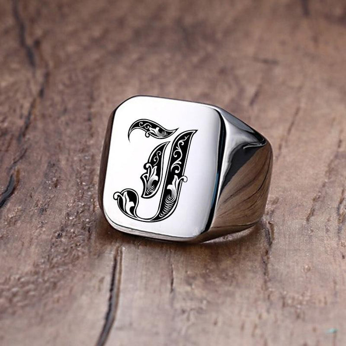 Modern Letter Retro Initials Signet Ring for Men 18mm Bulky Heavy Stamp Male Band Stainless Steel Letters Custom Jewelry Gift for Him