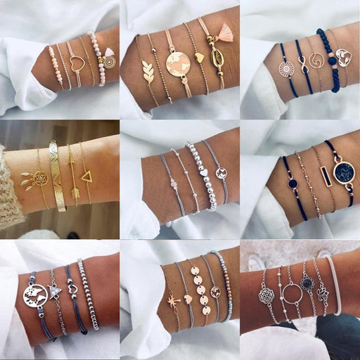 Luxury Modern Jewelry Women Set Bohemian Beads Chain Bracelets Bangles for Women Fashion Vintage Heart Compass Gold Color Chain Bracelets Sets