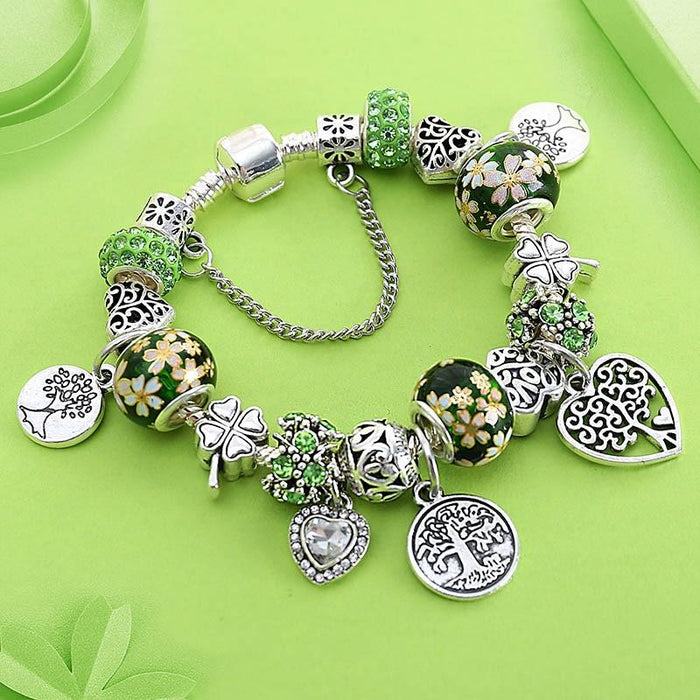 Elegant Modern Amazing Fashion New Luxury Silver Tree of Life Fashion Bracelet Green Leaf Crystal Charm Bracelet