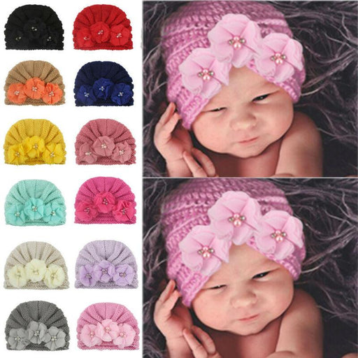 Modern Handamde Pearl Baby Accessories Clothing Infant Baby Winter Beanie Flower Warm Cap Crochet Knitted Pearls Hat Turban For Girls