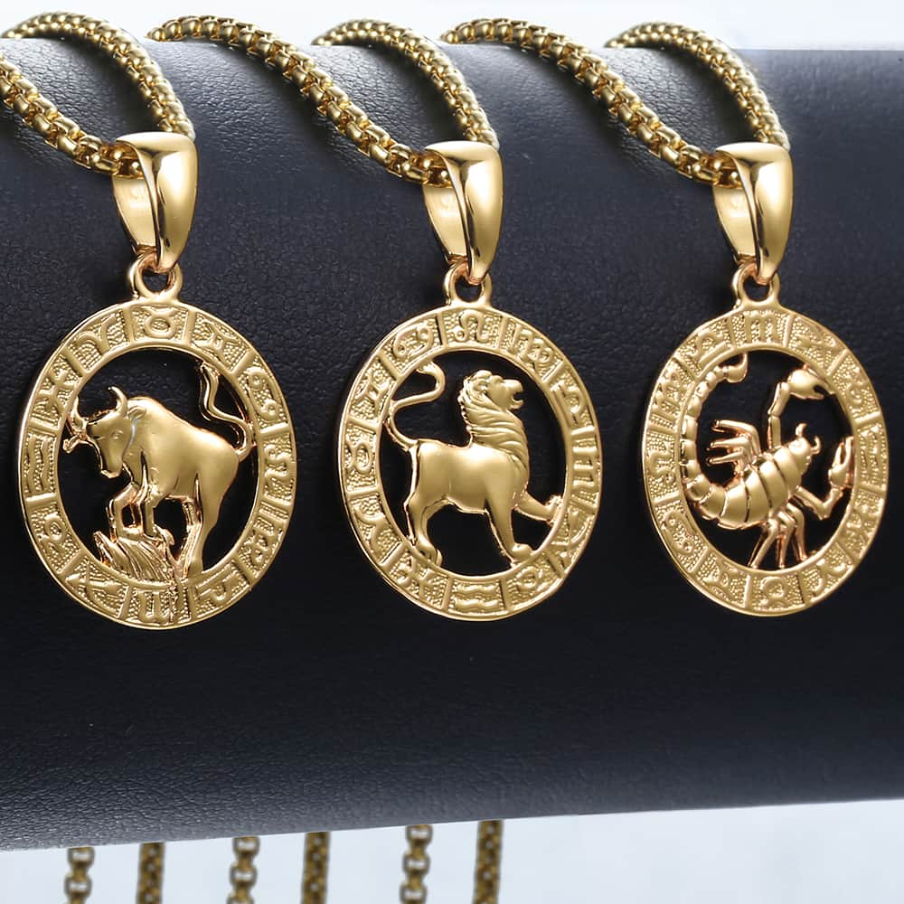 Luxury Gold Men and  Women Zodiac Medalon Necklace Symbol Cool Jewelry Gift