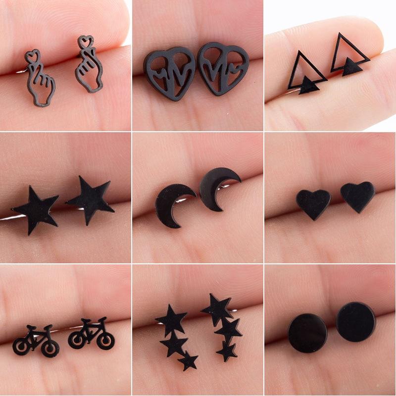 Small Luxury Black Stainless Steel Earrings Geometric Shape for Women Black Star Moon Stud Earring Fashion Jewelry Best Gift for Women