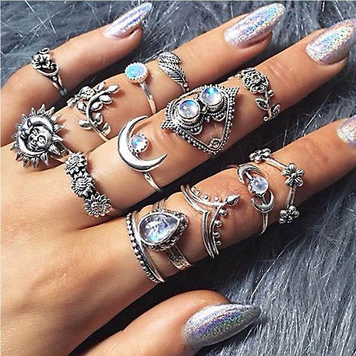 Women Crystal Finger Knuckle Rings Set For Girls Moon Lotus Charm Bohemian Ring Fashion Jewelry Gift