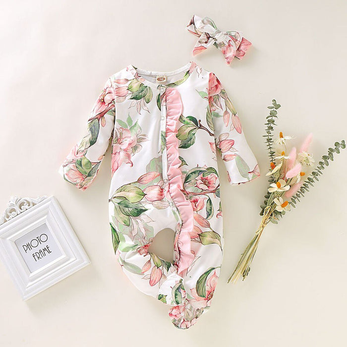 Modern Interesting Luxury Floral Newborn Baby Girl Clothes Infant Baby Girl Footed Full Sleeve Outfit Romper Jumpsuit With Big Bow In Modern Design