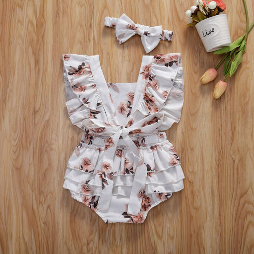 Modern 0-24M Newborn Baby Girls Flowers Print Ruffles Short Sleeve Jumpsuits Headband For Girls