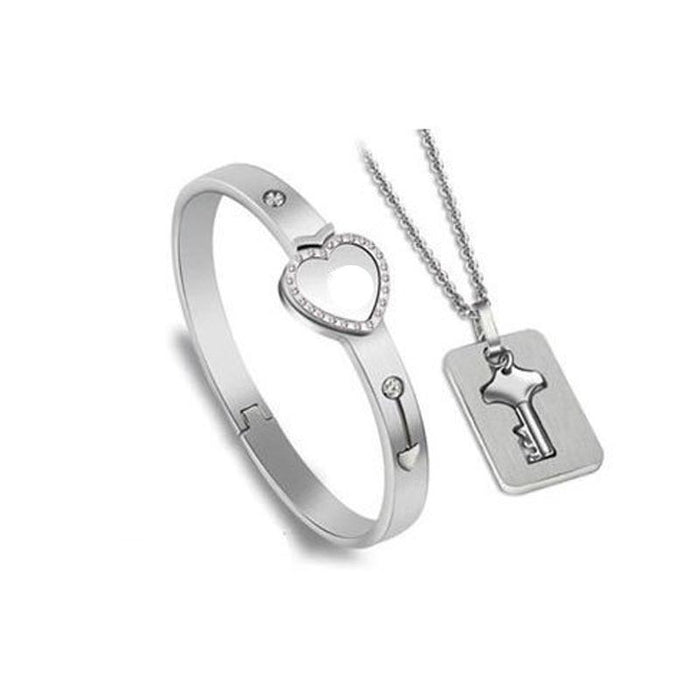 Fashion Concentric Lock Key Titanium Steel Stainless Steel Luxury Jewelry Bracelet and Necklace Couple Sets For Women