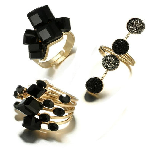 Modern Antique Gold Black Rhinestone Opening Finger Rings Set for Women With Earrings in Elegant Stone Deisgn