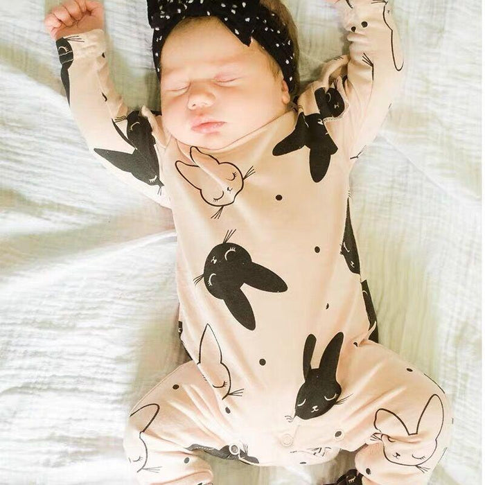 Modern Baby Girls Romper Cartoon Rabbit Pattern Cotton Long Sleeve Jumpsuit+Headband Outfits Set Jumpsuit With  Bow