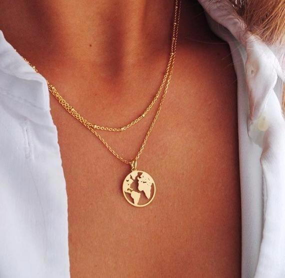 Modern Gold World Map  Necklaces & Pendants Dainty For Women and Girls Jewelry Cool Design And Excellent Gift