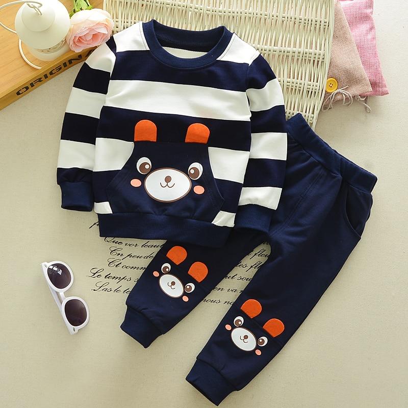 Baby Boy Cartoon Cute Bear Striped Printed Cotton Long Sleeve Two-piece Clothes Set For Boys Kids