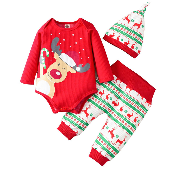 Christmas Romper Bodysuit Pants Hat Set for Newborn Baby Girls/Boys In New Year Holiday Design For Boys and Girls