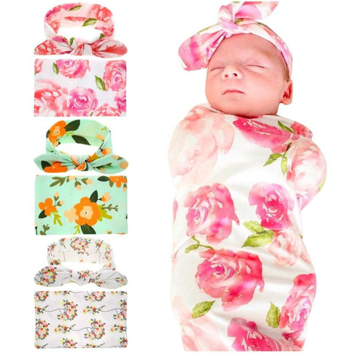 Elegant Colorful Baby Swaddle Wrap Newborn Infant Receiving Blanket Headwear Flower Print Towels With Bow