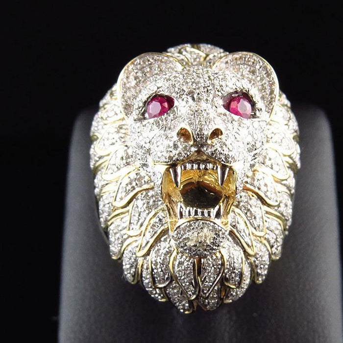 Fashion Golden Lion Head Ring Full Rhinestone Stainless Steel Animal Statement Finger Rings for Men Hip-Hop Punk & Epic Jewelry Design