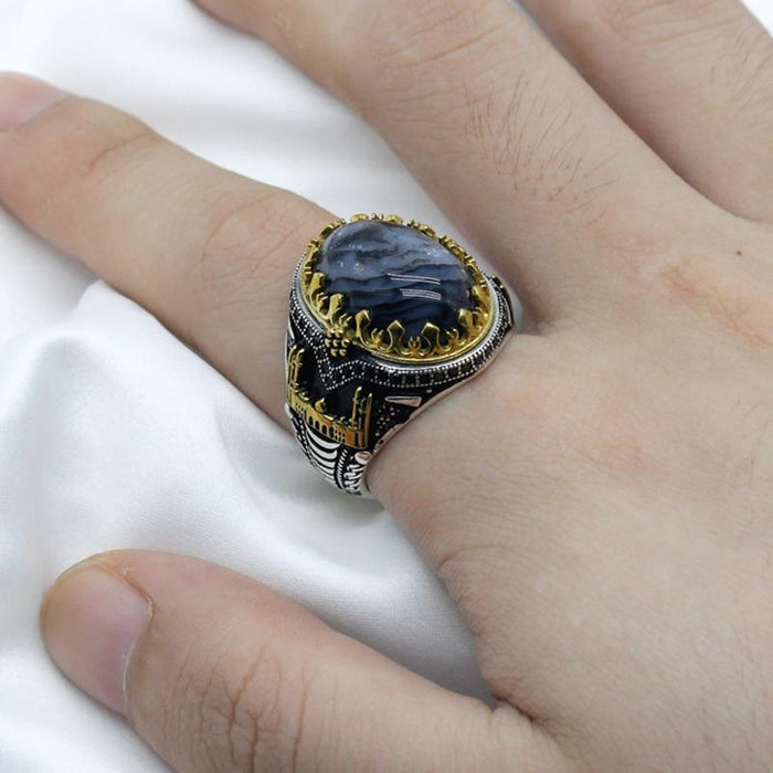 Real 925 Sterling Silver Men Rings Oval Natural Agate Stone Rings Castle Thai Silver Men Rings Turkish Wedding  Jewelry Rings