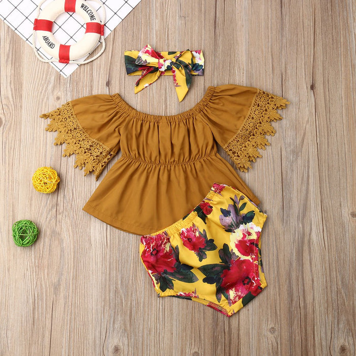 Elegant Luxury Floral Newborn Baby Girl Toddler Outfits Off shoulder Solid Tops Floral Short Pant Headband Bow Set For Baby Girls