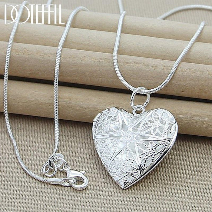 925 Sterling Silver Photo Frame Pendant Heart Necklace 18 Inch Snake Chain Woman Charm Statement Necklace In Fashion Jewelry Design