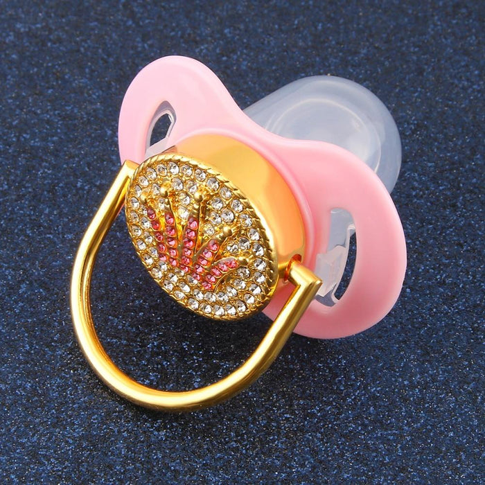 Modern Diamond Luxury Pink Crown Rhinestones Baby Pacifier Lollipop Elegant Infant Baby Shower Gift For Kids