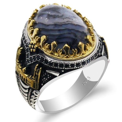 Real 925 Sterling Silver Men Rings Oval Natural Agate Stone Rings Castle Thai Silver Men Rings Turkish Wedding  Jewelry Rings