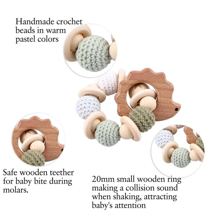 Wooden Teether Hedgehog Crochet Beads Wood Crafts Ring Engraved Bead Baby Teether Wooden Toys For Kids Rattle