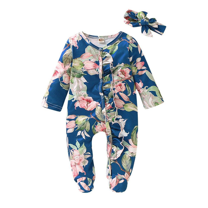 Modern Interesting Luxury Floral Newborn Baby Girl Clothes Infant Baby Girl Footed Full Sleeve Outfit Romper Jumpsuit With Big Bow In Modern Design