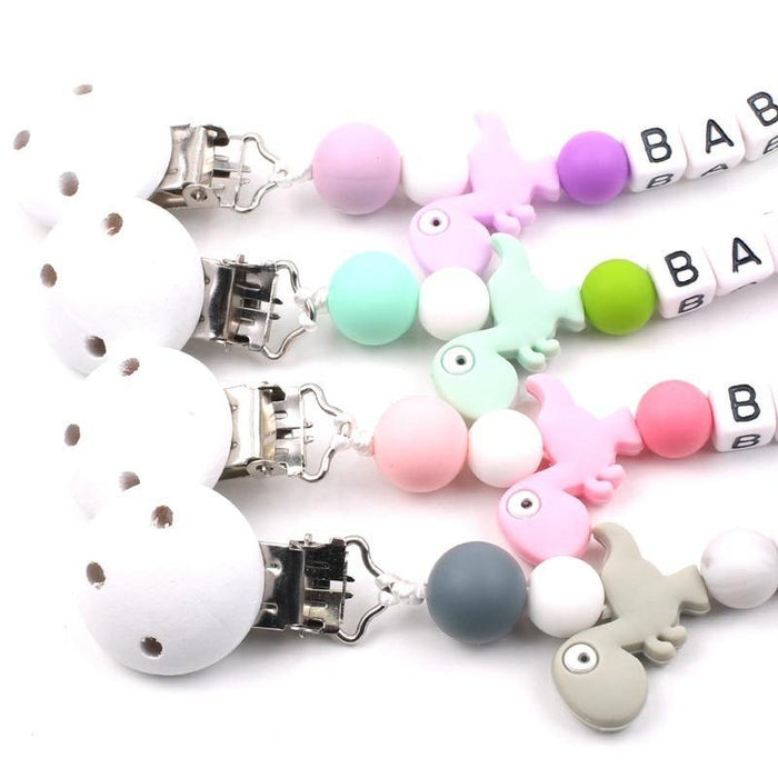 Lemon Comeon Baby's NamePacifier Clips Holder Dinosaur Silicone Beads Teething Chain for Baby