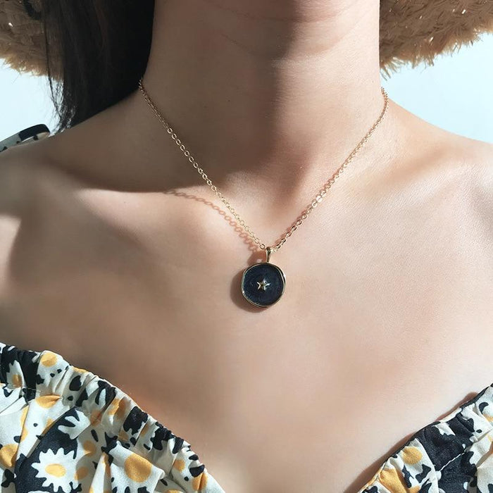 Women Long Simple Stars Moon Heart Round Double Layer Golden Necklace And Earrings Luxury Jewelry Style Cool Gift