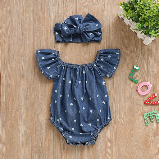 Modern Infant Baby Girls Bodysuits Headband 2PCS Hearts Love Short Sleeve Off Shoulder Jumpsuits Summer Causal Set WIth Big Bow