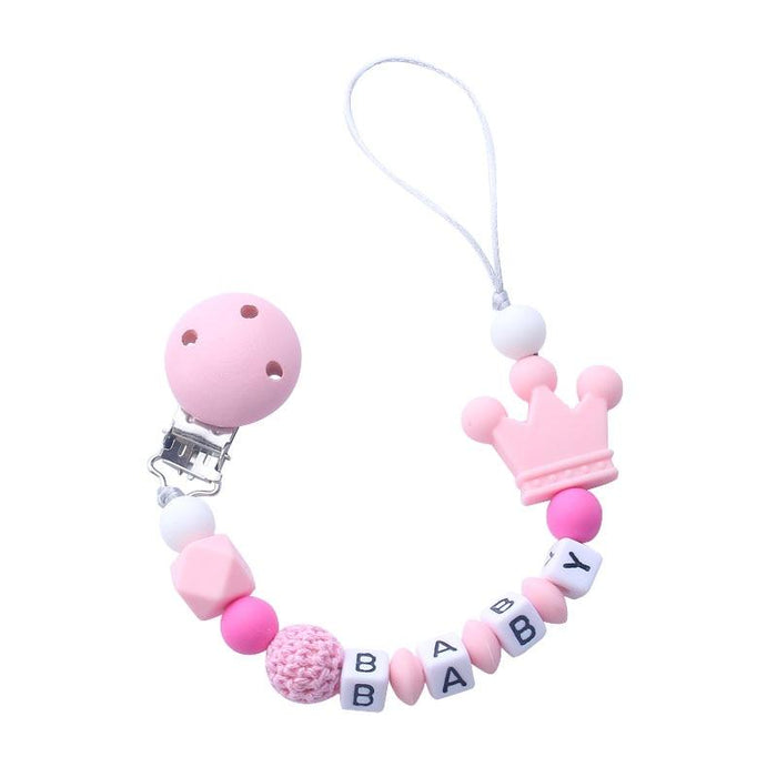 Pink Silicone Personalised Name Baby Pacifier Clips Crochet Beads Silicone Crown Pacifier Chain Holder For Kids and Baby Pacifier