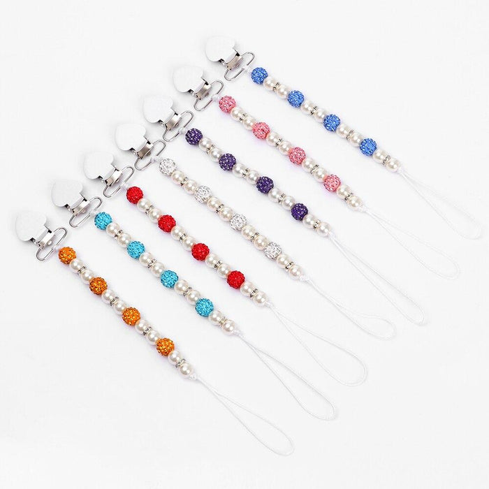 Handmade Shiny Pacifier Clip Chain Infant Nipple Holder Wooden Beaded Crystal Nipple Leash Strap Metal Pacifier Clips For Baby