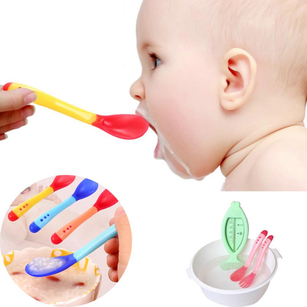 1pcs Baby Spoon Feeder Flatware New Safety Baby Learning Dinnerware Temperature Sensing Baby Feeding Spoon Soft Silicone For Boys And Girls