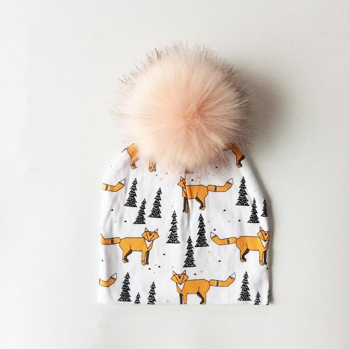 Luxury Modern Unique Toddler Boys and Girls Cartoon Printing Cotton Pompom Cap For Baby Beanie Hat With Pompon For Kids